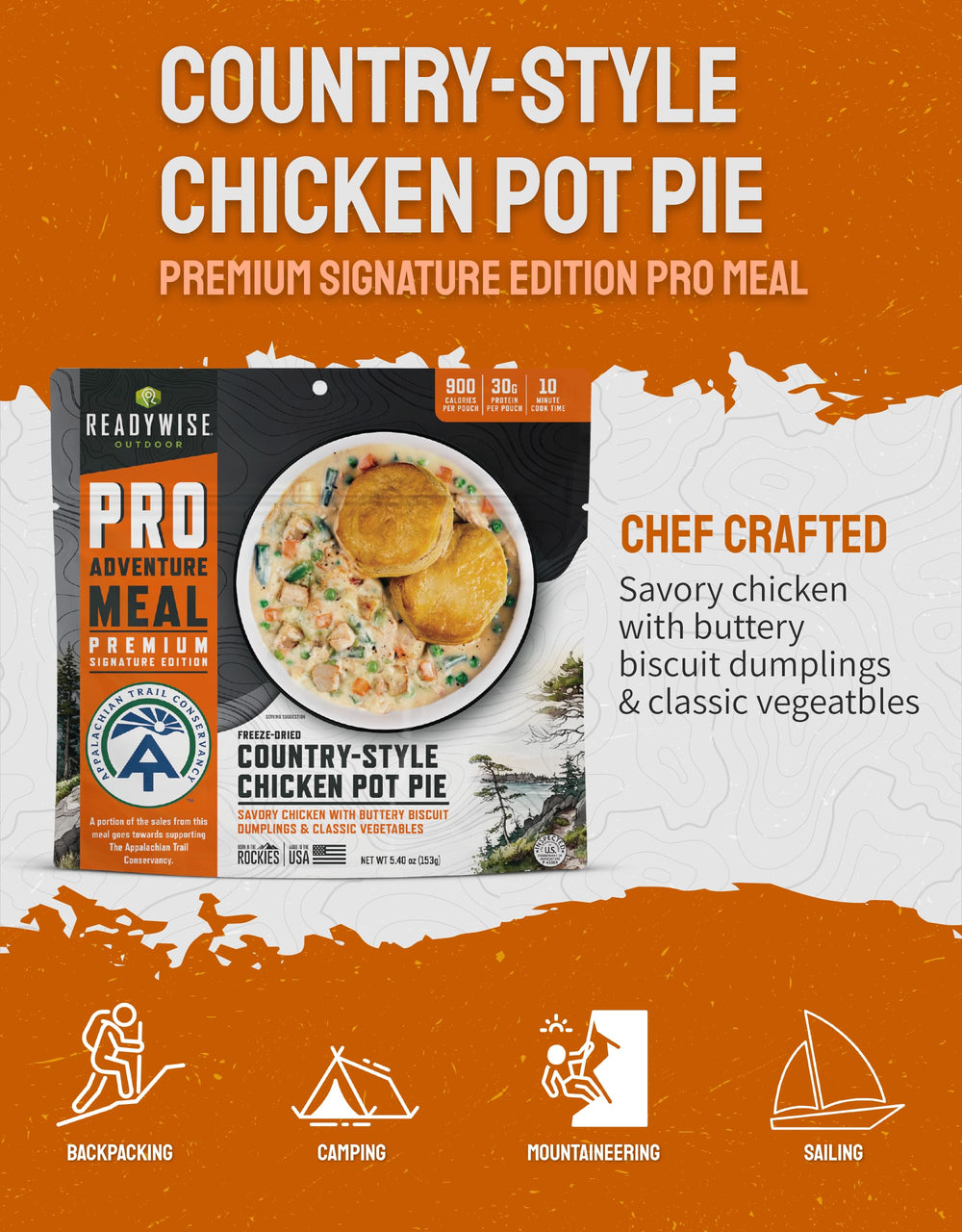 ReadyWise pot pie filling with vegetables delivers outdoors-friendly flavor.