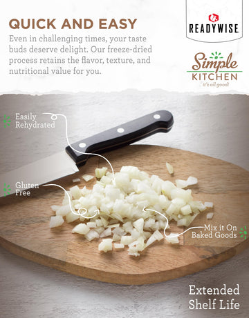 ReadyWise dehydrated onions packaging front shows quality, ideal for long-term storage