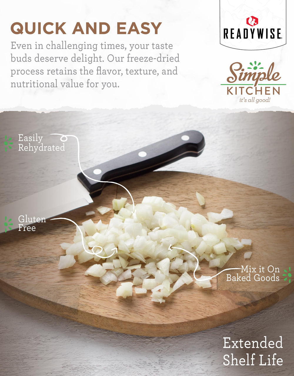 ReadyWise dehydrated onions packaging front shows quality, ideal for long-term storage