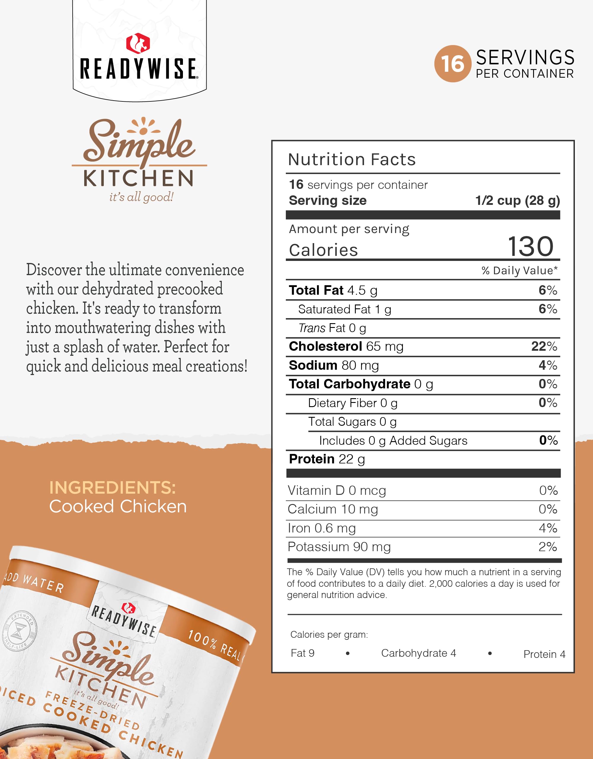 ReadyWise diced chicken water rehydration for easy, tasty stews and soups.