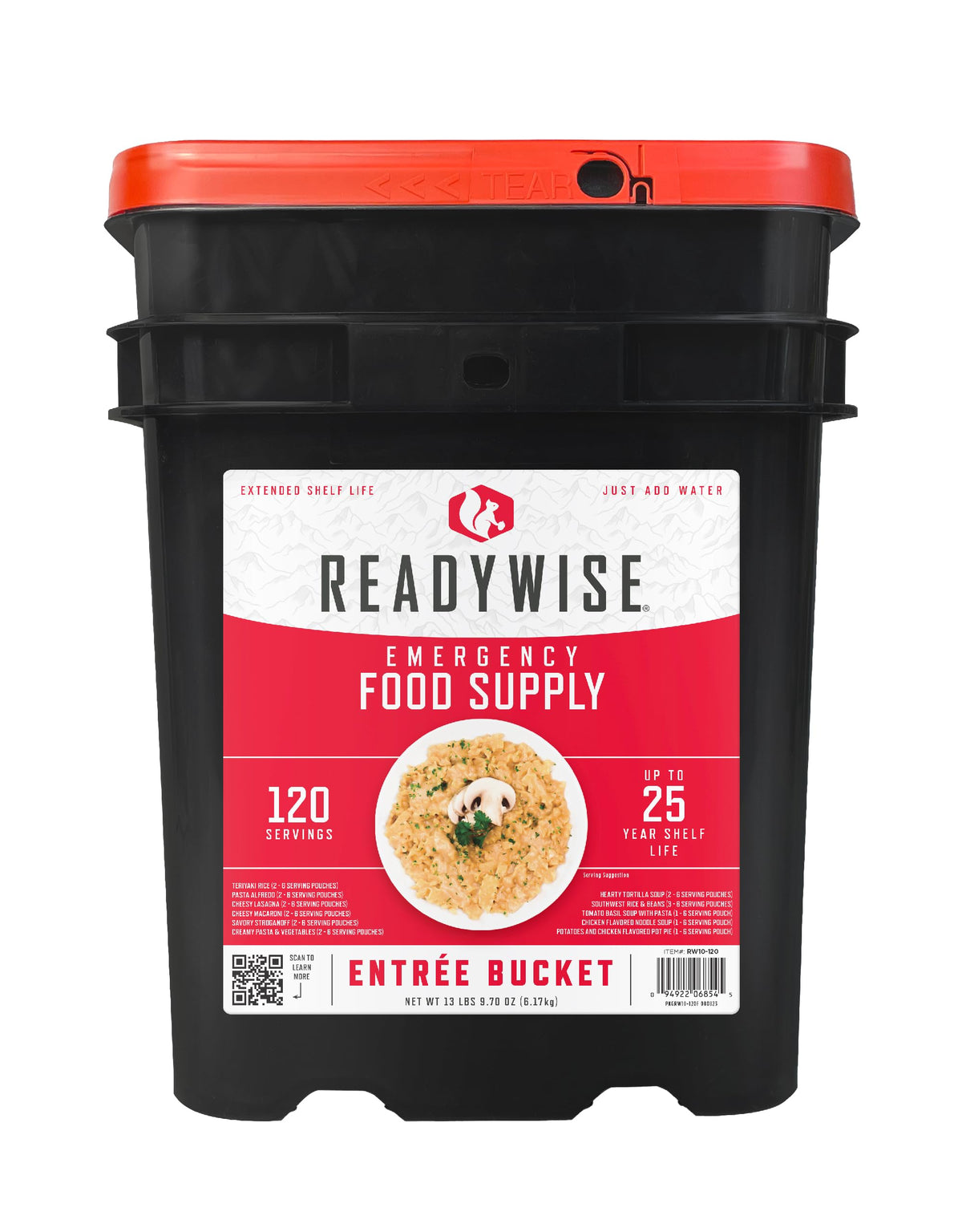 ReadyWise emergency bucket lid open for quick grab-and-go meals during outages