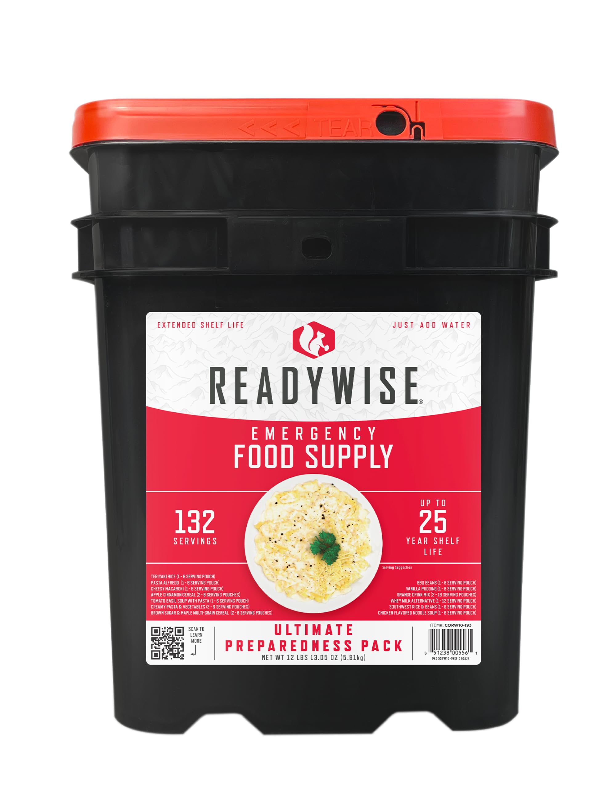 ReadyWise emergency food bucket shows 132 servings for dependable meal planning during outages.