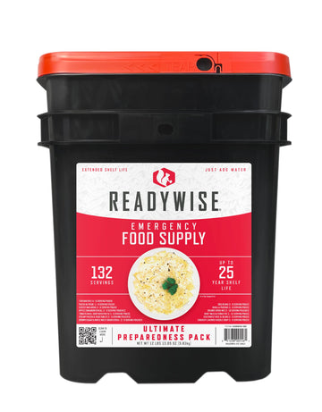 ReadyWise emergency food bucket shows 132 servings for dependable meal planning during outages.