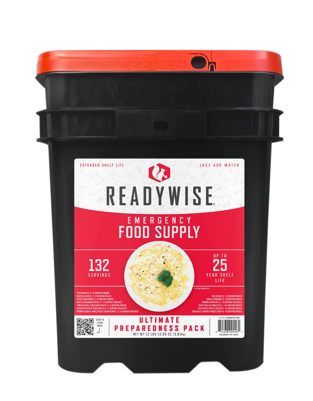 ReadyWise emergency food bucket shows 132 servings for dependable meal planning during outages.