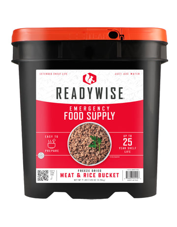 ReadyWise emergency food bucket shows 88 servings for quick meals during outages.