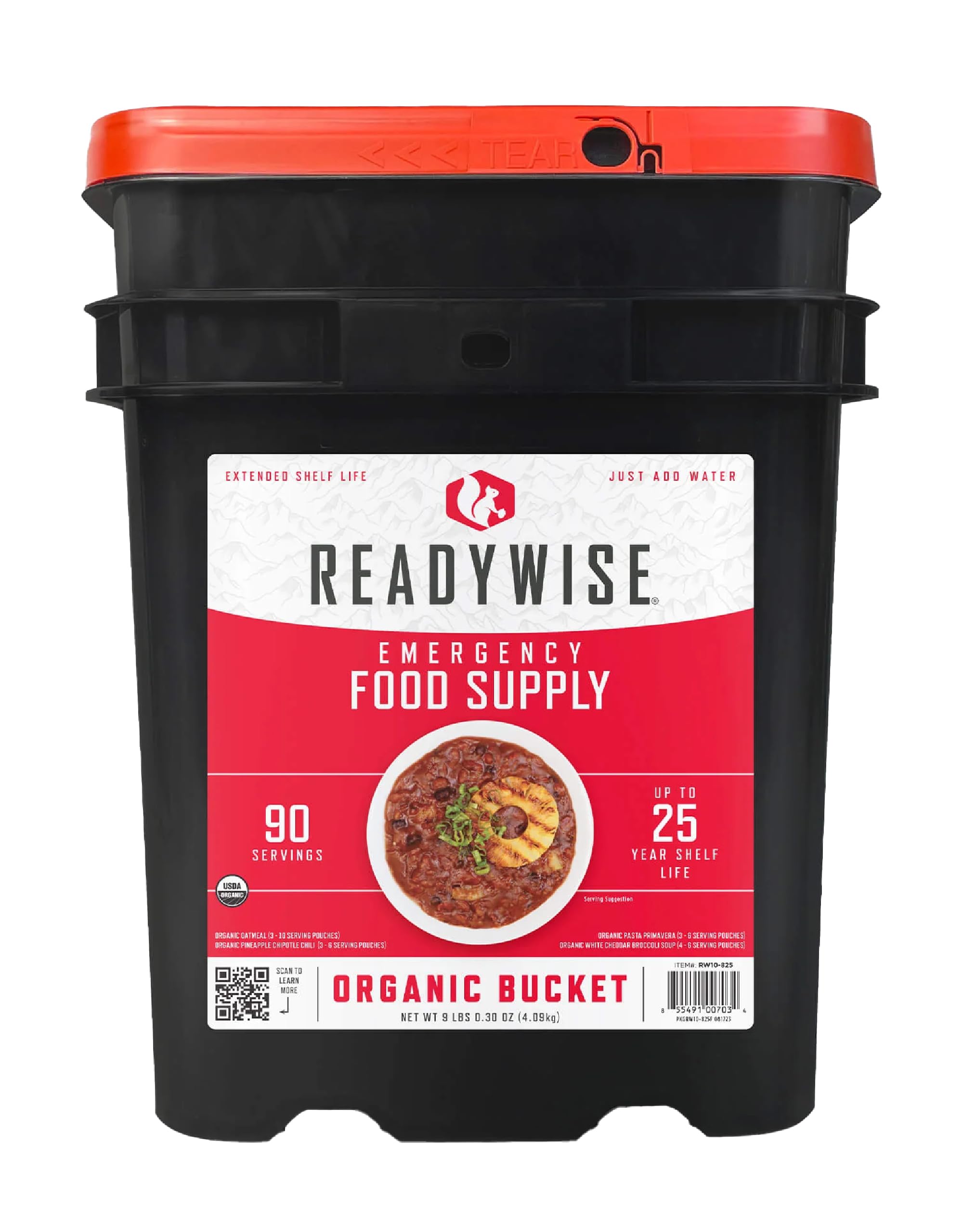 ReadyWise emergency food bucket front view for pantry-ready preparedness.