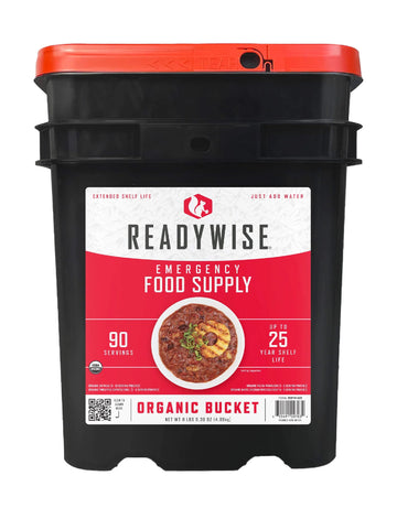 ReadyWise emergency food bucket front view for pantry-ready preparedness.