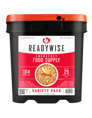 ReadyWise emergency food bucket with lid open for quick access during emergencies.