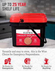 ReadyWise emergency food bucket on shelf emphasizes stackable storage.