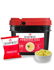 ReadyWise emergency food supply bucket shows 144 servings and long shelf life for preparedness.