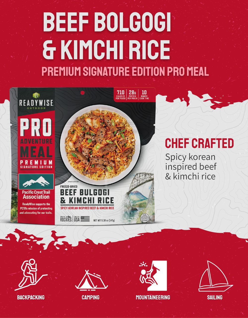 ReadyWise freeze-dried beef bulgogi kimchi rice camping meal.