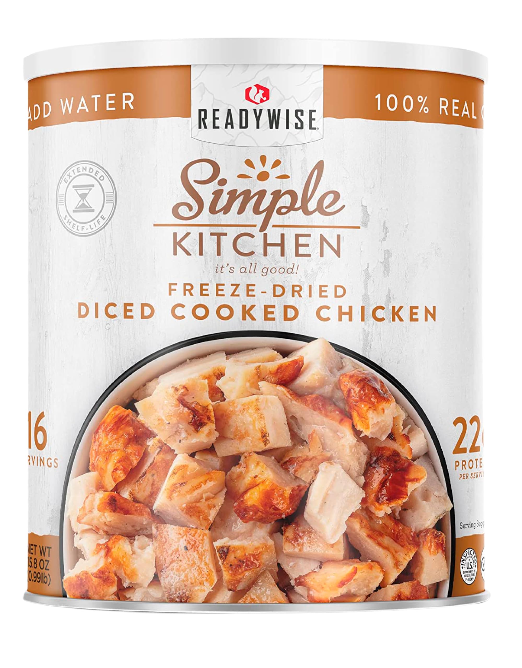 ReadyWise freeze-dried diced chicken can label, shelf-stable protein for quick meal prep.