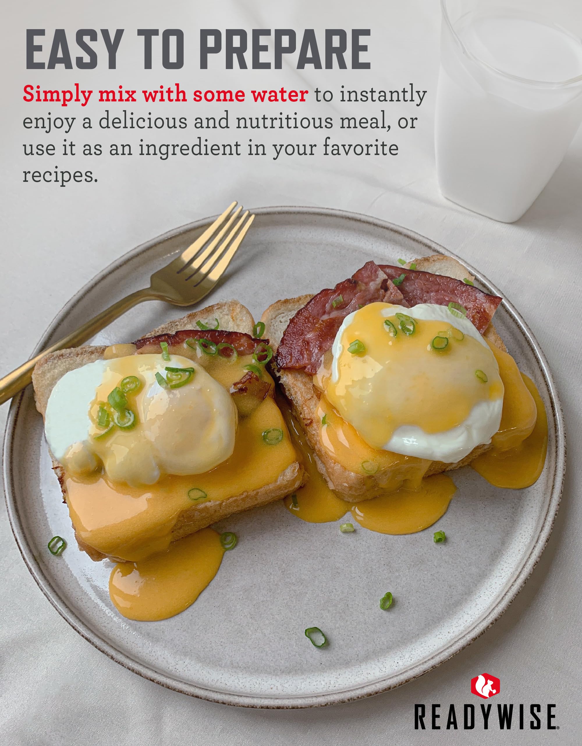 ReadyWise freeze-dried powdered eggs closeup for quick, protein-rich camp meals.