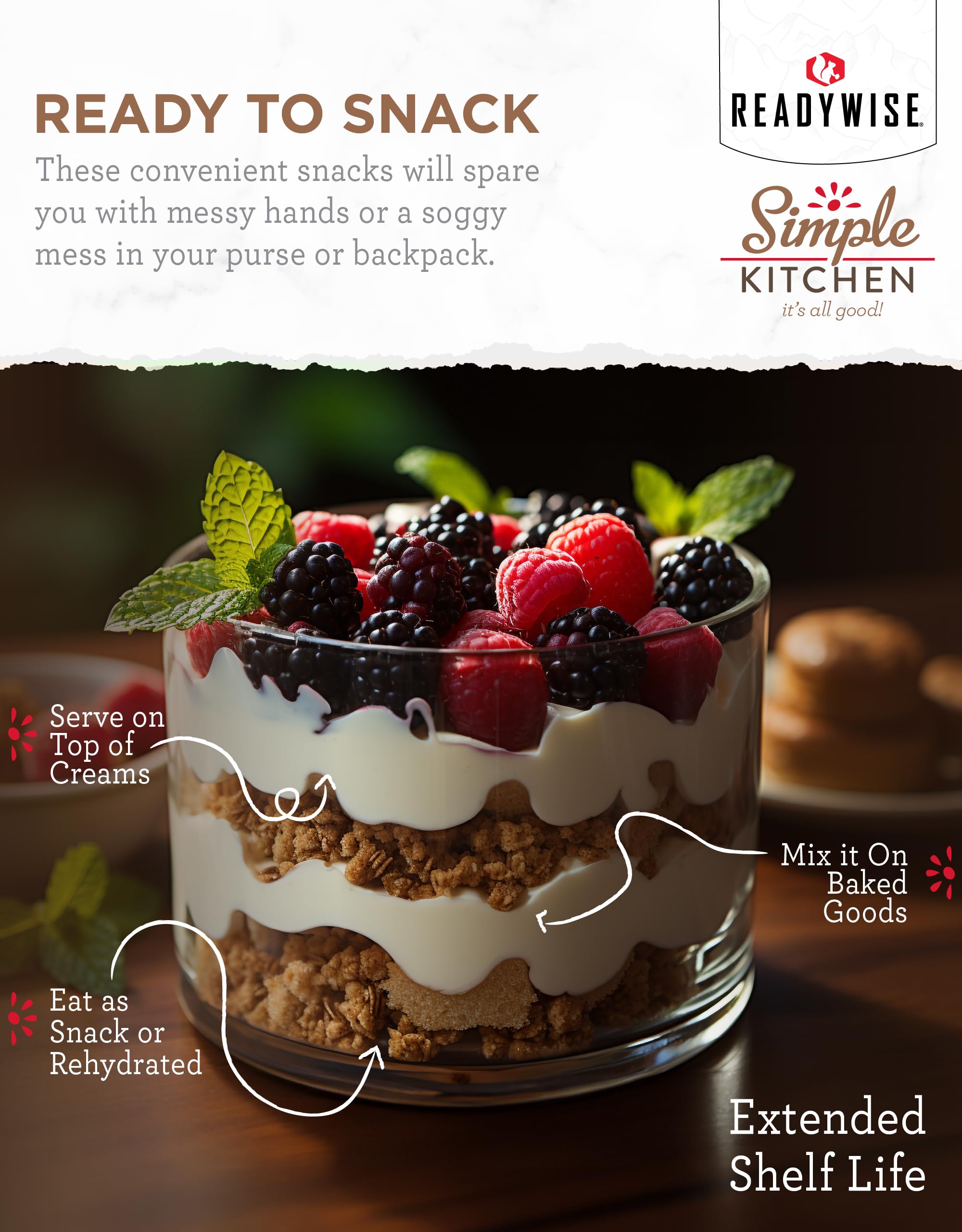 Close-up of ReadyWise freeze-dried raspberries in a bowl reveals crispy texture and natural flavor.