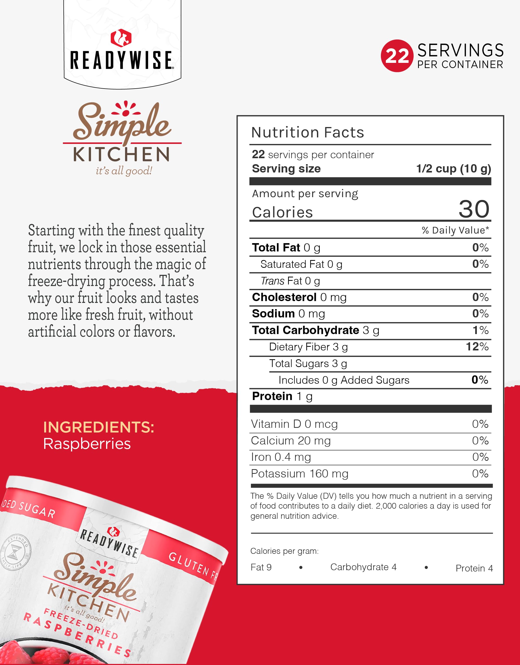 Measuring scoop with ReadyWise raspberries to portion servings accurately.