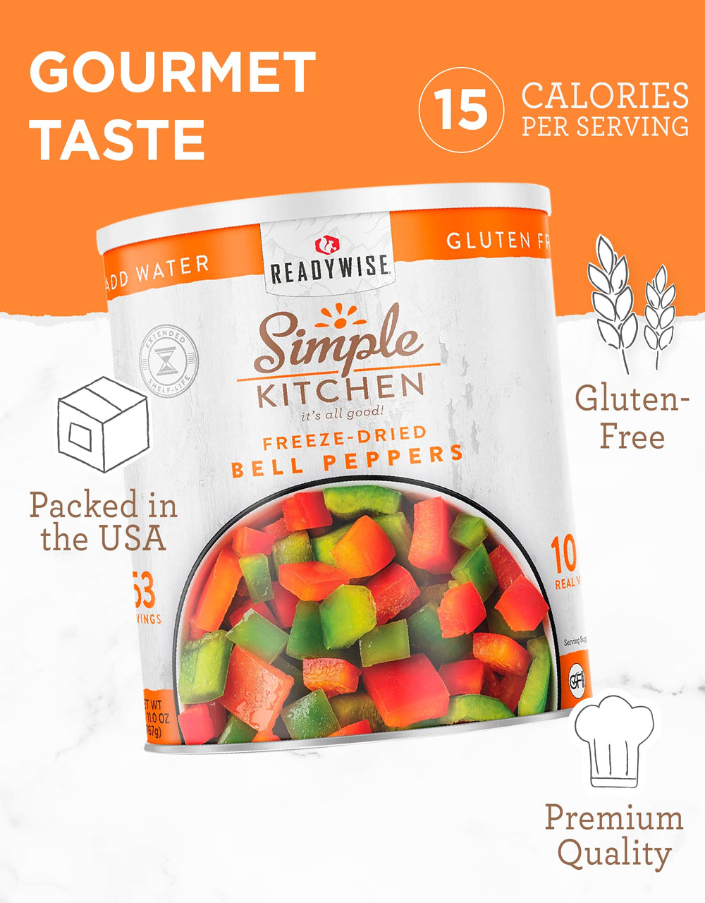 ReadyWise gluten-free label on peppers, ideal for allergy-conscious packs.