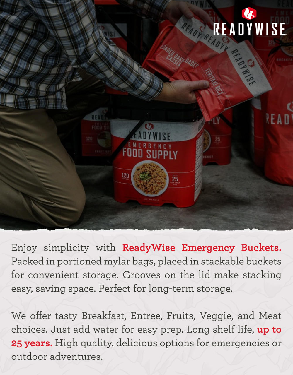 ReadyWise just-add-water meals illustrate fast prep for emergencies and outings.