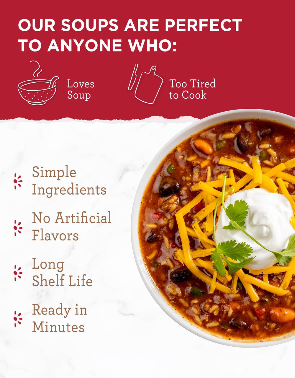 ReadyWise soup just-add-water bowl demonstrates instant, comforting meal in minutes.