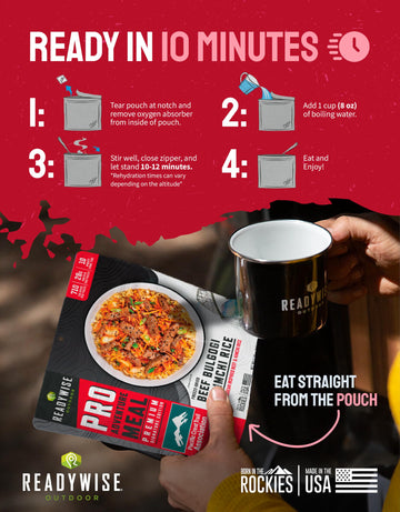 ReadyWise lightweight camping meal beef bulgogi kimchi rice pouch in a gear kit.