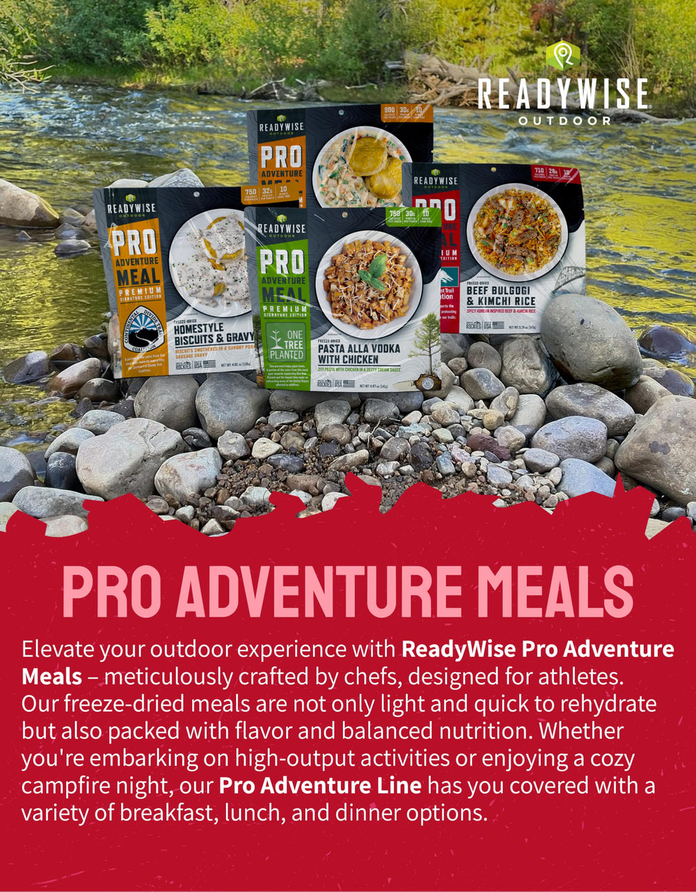 ReadyWise long shelf-life beef bulgogi kimchi rice pouch preserves meal options.