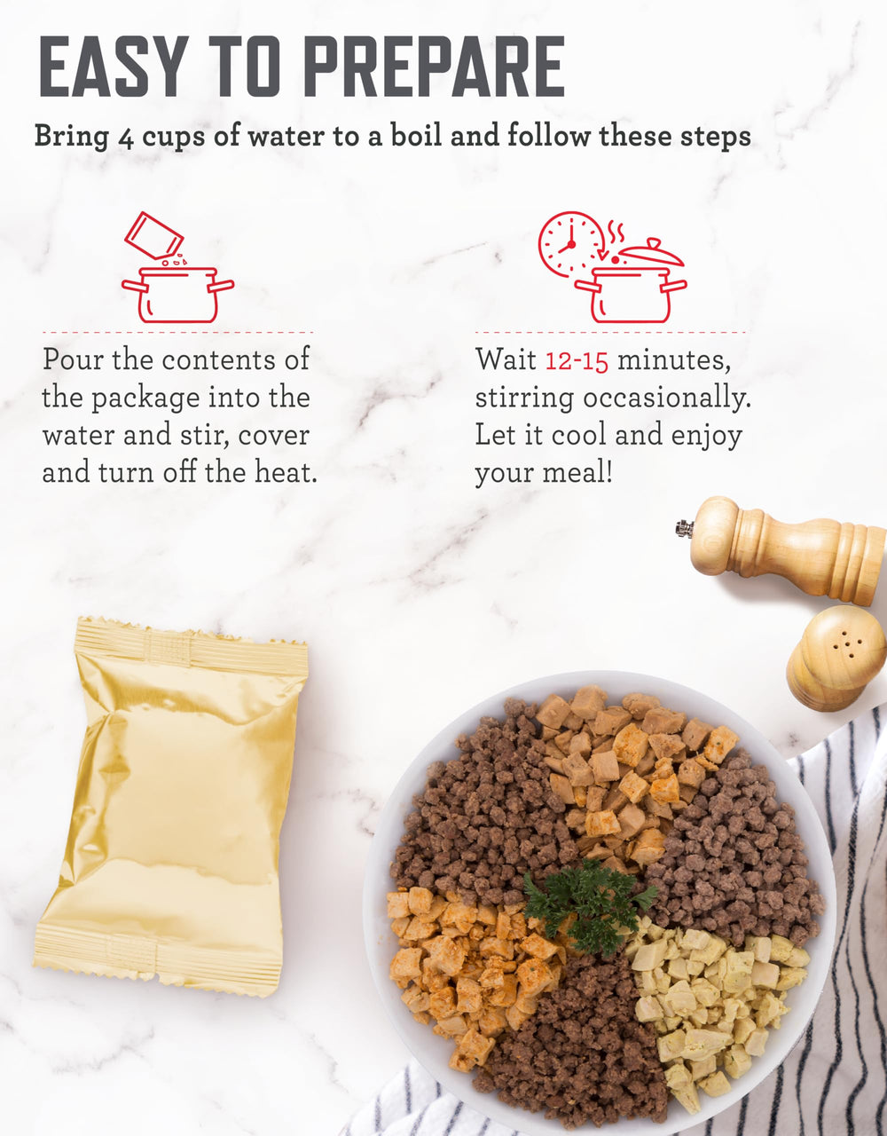 ReadyWise meat and rice meals image highlights diced chicken, beef, and sausage options.