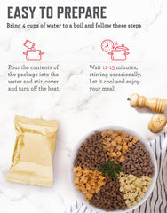 ReadyWise meat and rice meals image highlights diced chicken, beef, and sausage options.