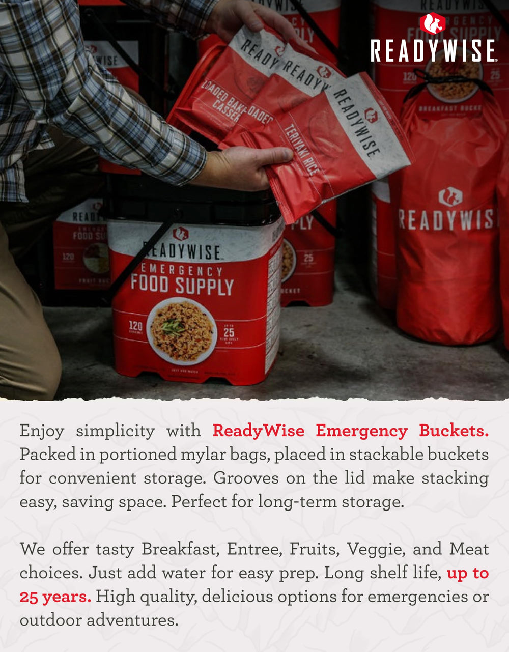ReadyWise meat varieties image highlighting chicken, beef, and sausage serving options.