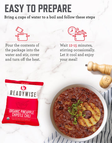 ReadyWise organic meal pouches inside the bucket for quick emergency meals.