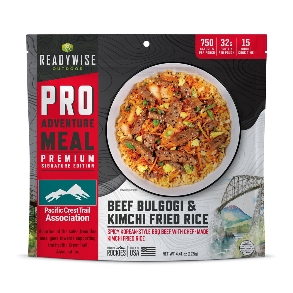 ReadyWise Outdoor Pro Adventure Meal beef bulgogi kimchi rice pouch on trail for easy meals.