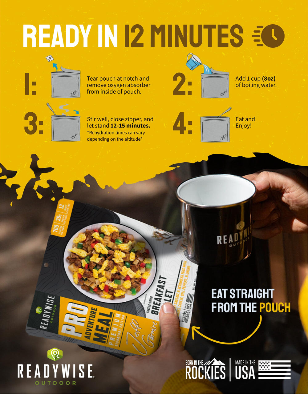 ReadyWise meal heats in 12–15 minutes on a camp stove