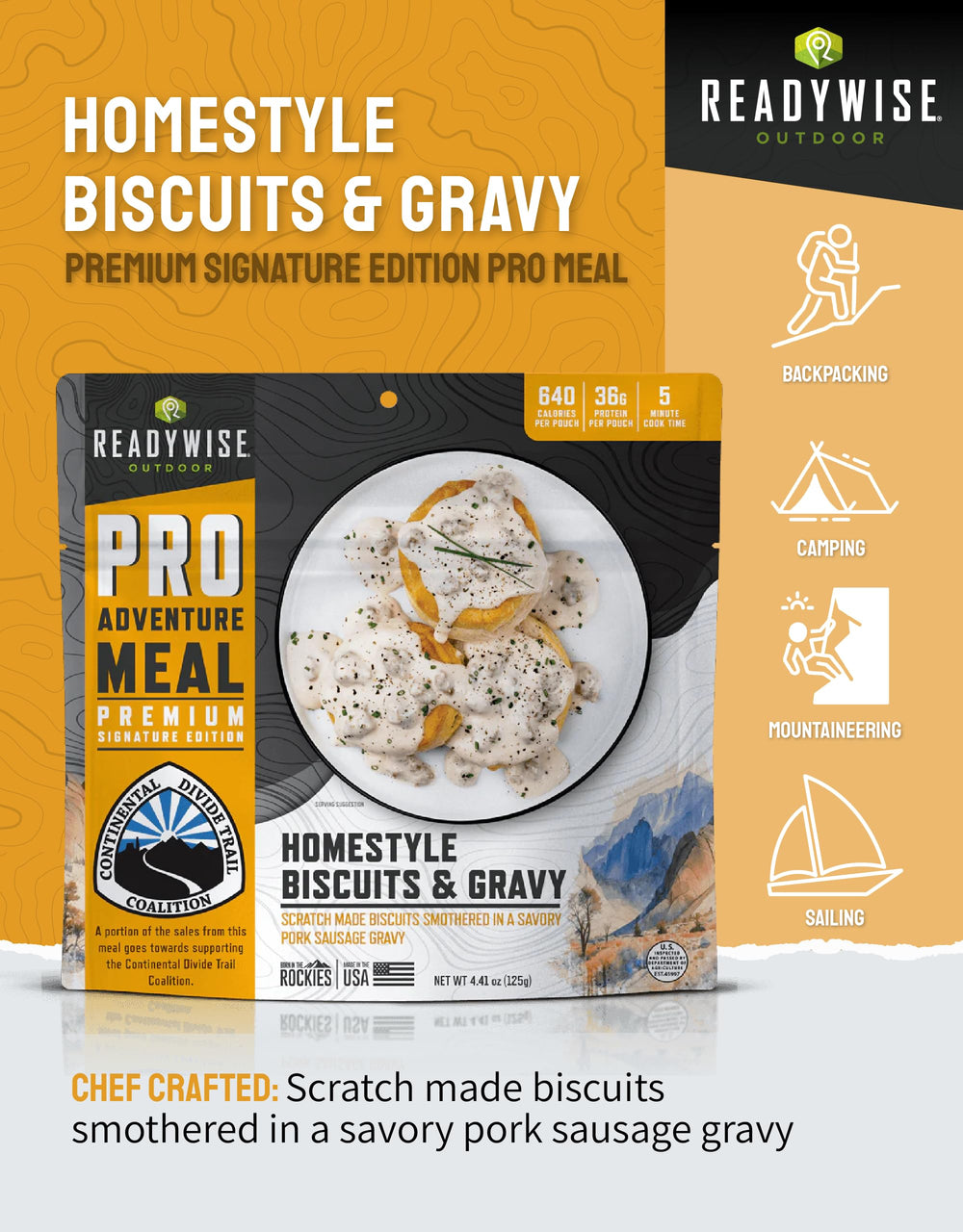 ReadyWise Outdoor Pro Adventure Meal provides 640 calories and 36g protein for outdoor energy