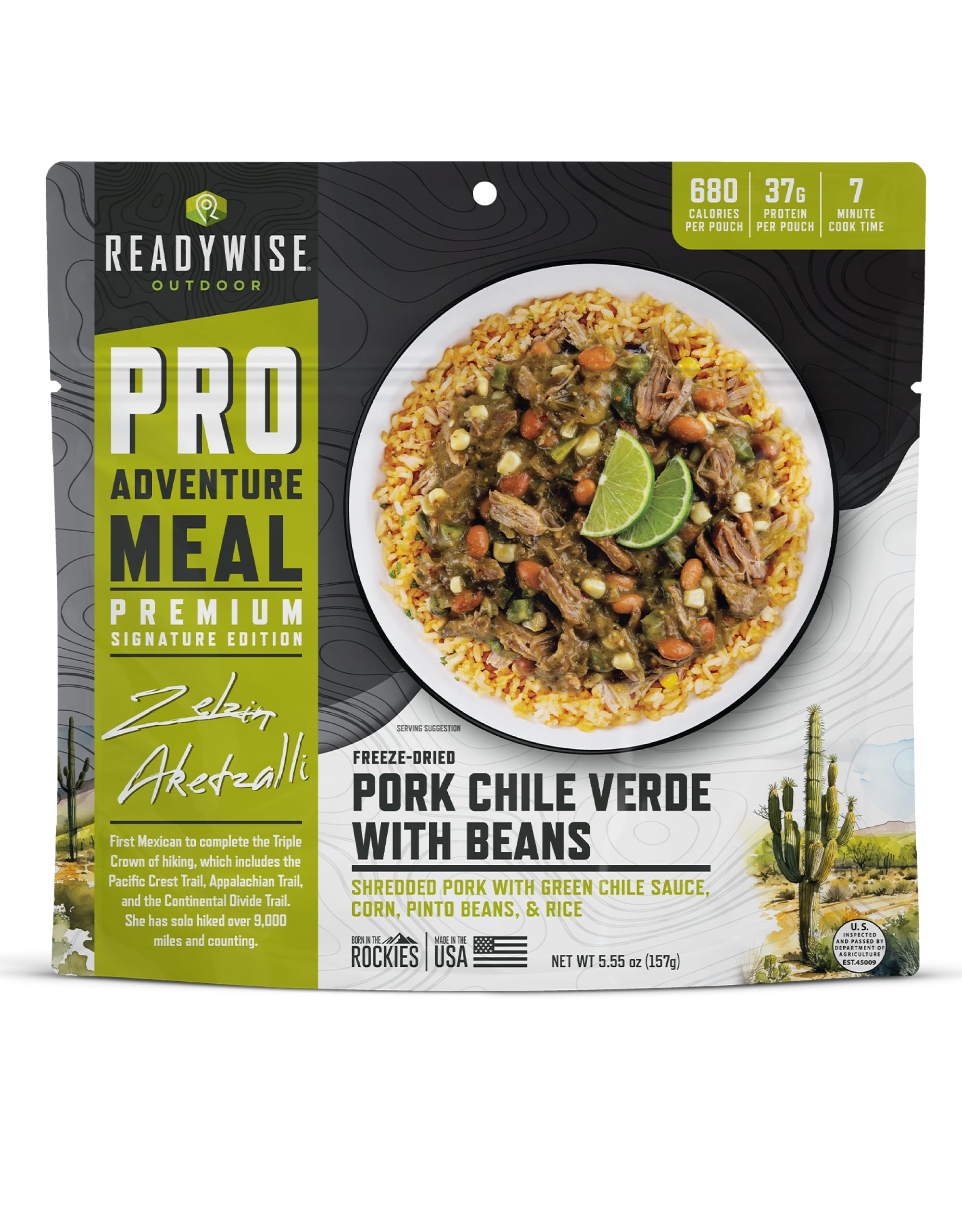 ReadyWise Outdoor Pro Adventure Meal pork chile verde bowl for on-the-go energy.