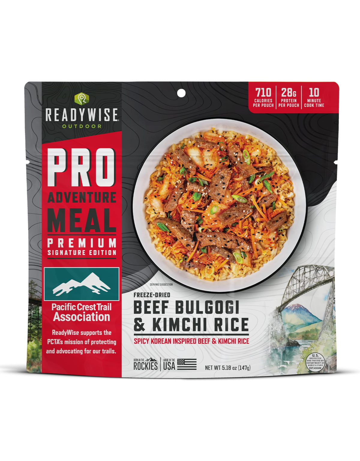 ReadyWise Outdoor Pro beef bulgogi kimchi rice pouch on trail for high-protein energy.