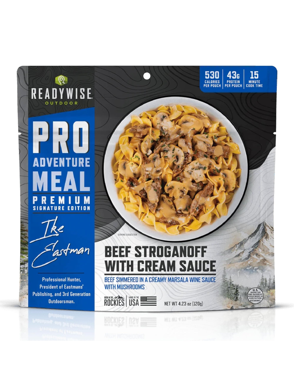 ReadyWise Outdoor Pro Beef Stroganoff cream sauce pouch for camping dinner option with creamy texture.