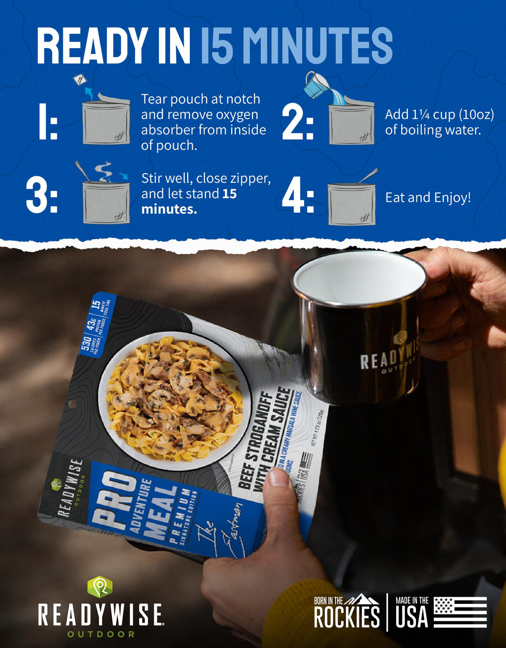 Lightweight ReadyWise packaging designed for backpacking trips.