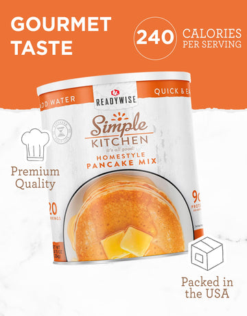 Close-up of ReadyWise pancake mix can with ingredients noted