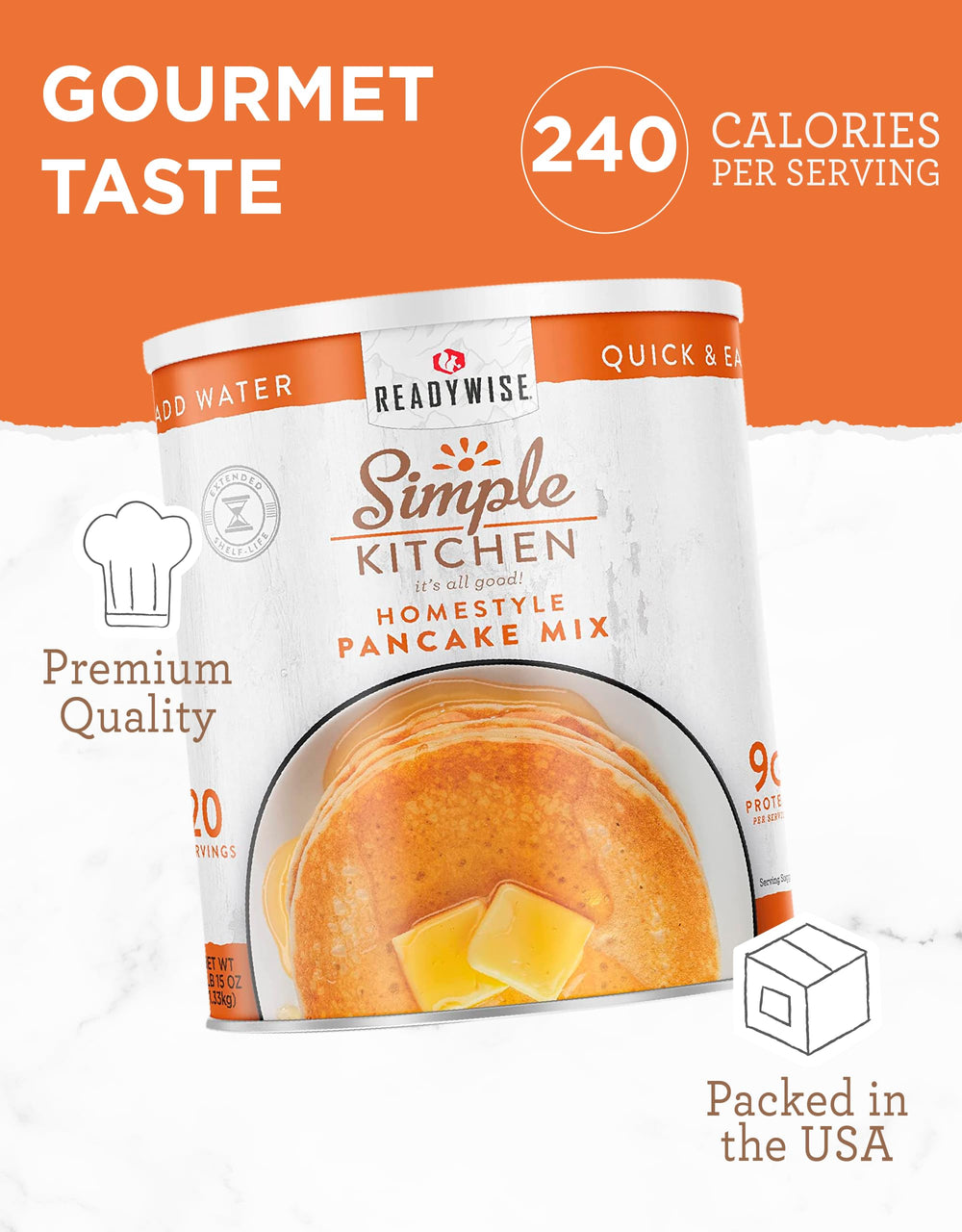 Close-up of ReadyWise pancake mix can with ingredients noted