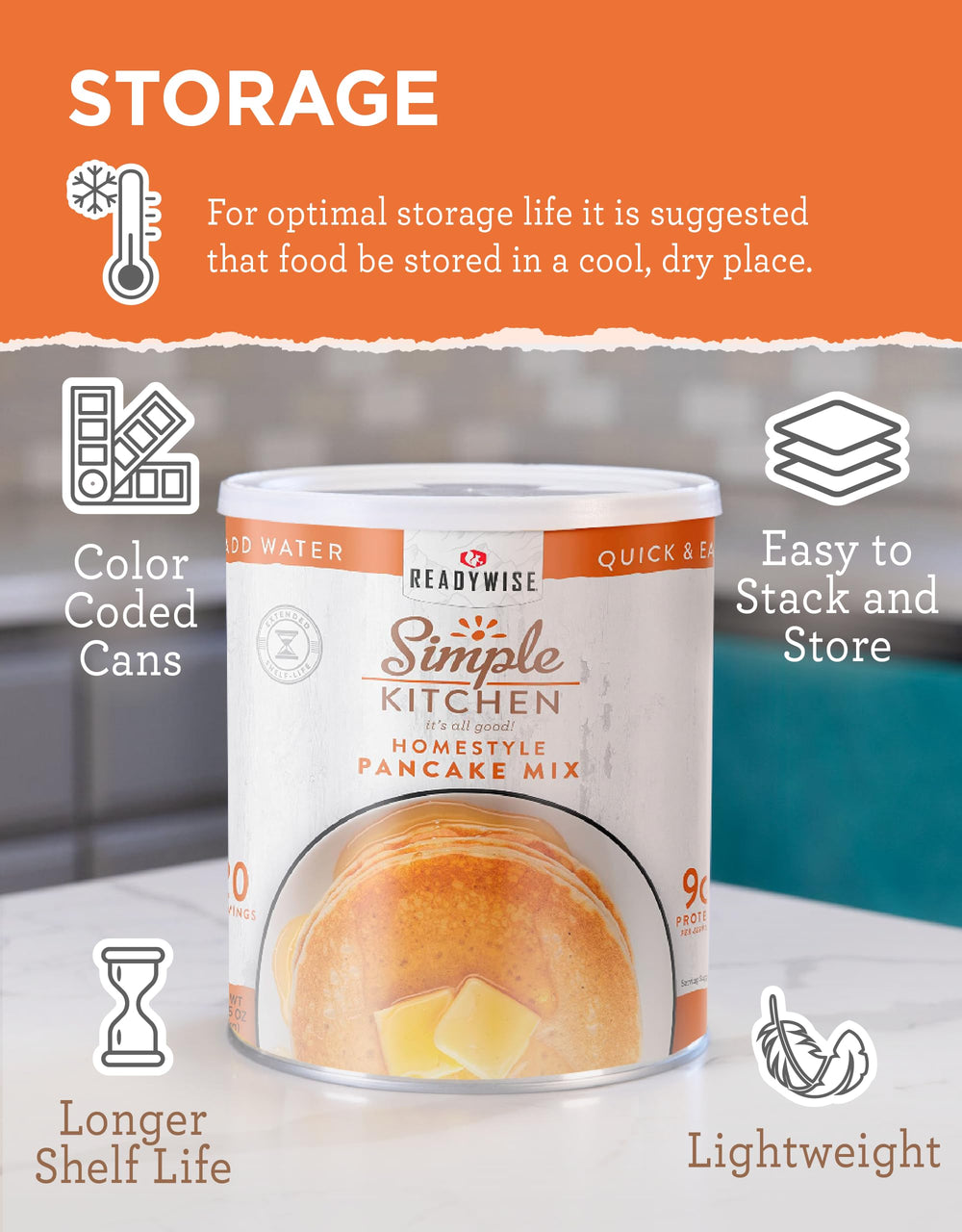 Stack of pancakes made with ReadyWise mix ready to serve
