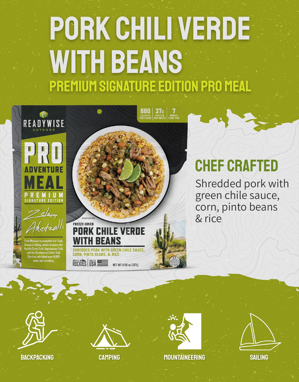 ReadyWise pork chile verde ingredients showcase pork, beans, corn, and rice.