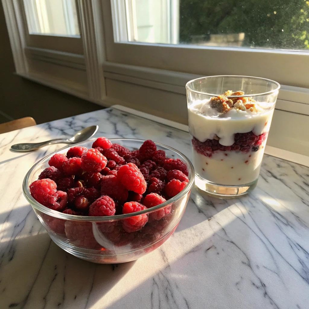 Hand holds ReadyWise raspberries for quick grab-and-go snack.