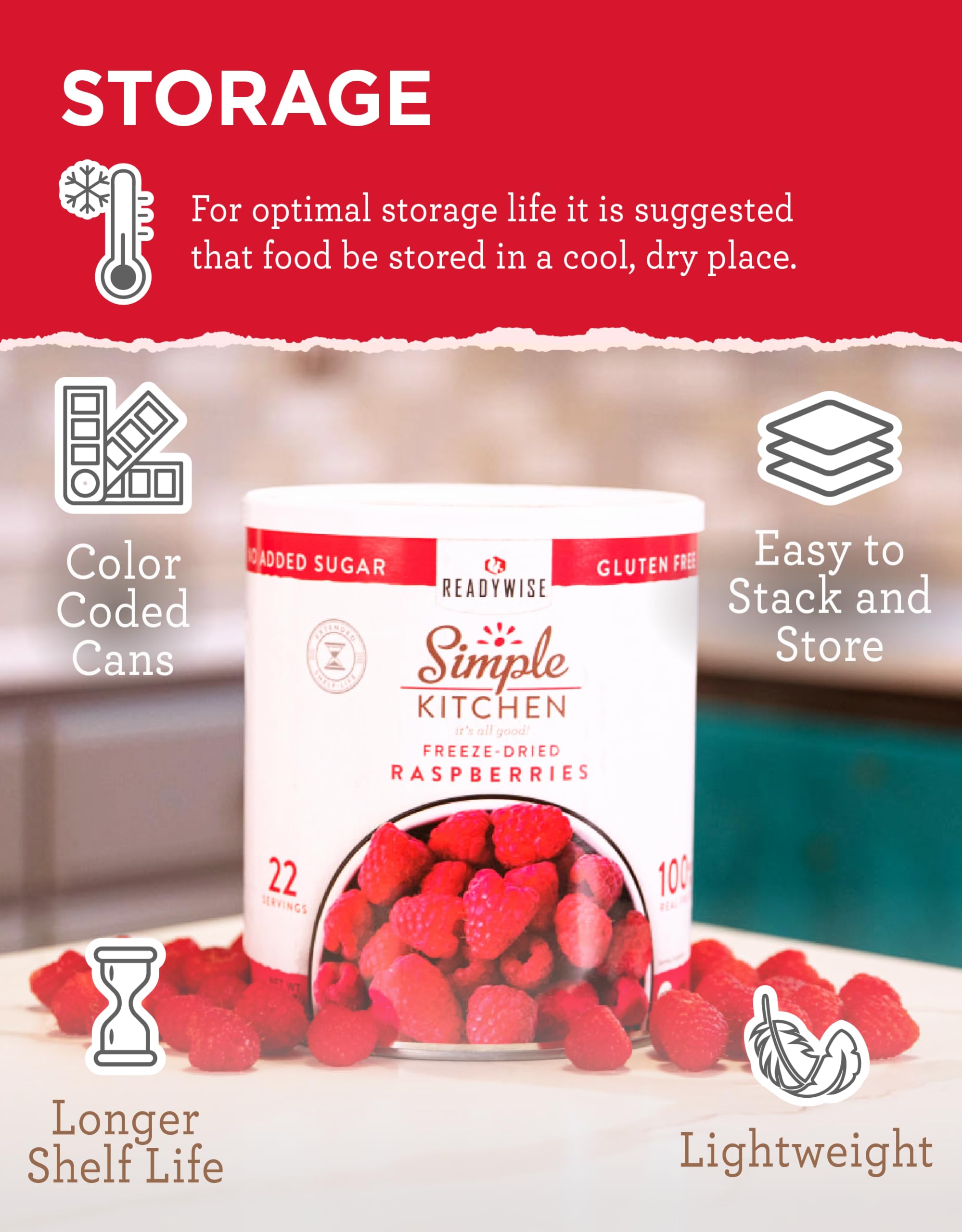 Shelf of ReadyWise raspberry cans emphasizes long shelf life.