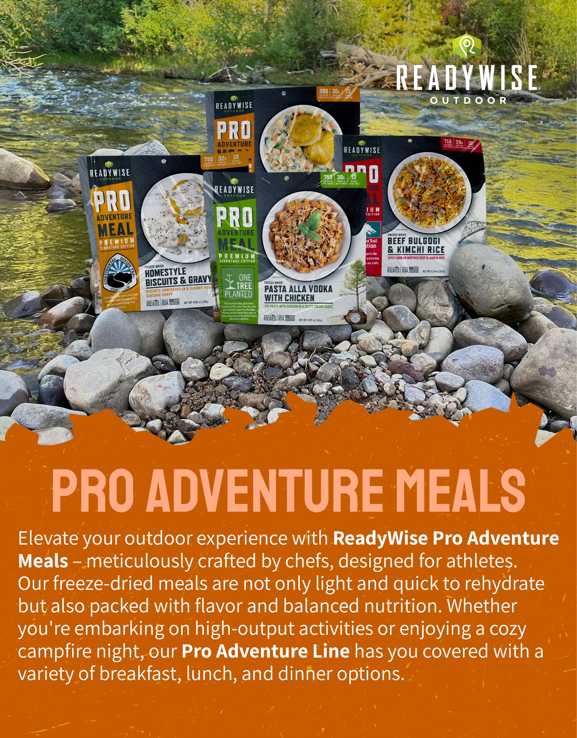 ReadyWise meal rehydrates in about 10–12 minutes for camp convenience.