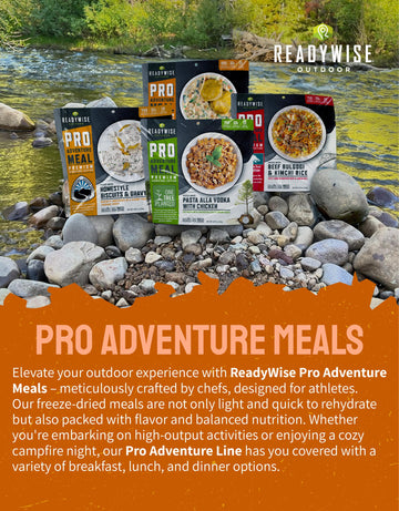 ReadyWise meal rehydrates in about 10–12 minutes for camp convenience.