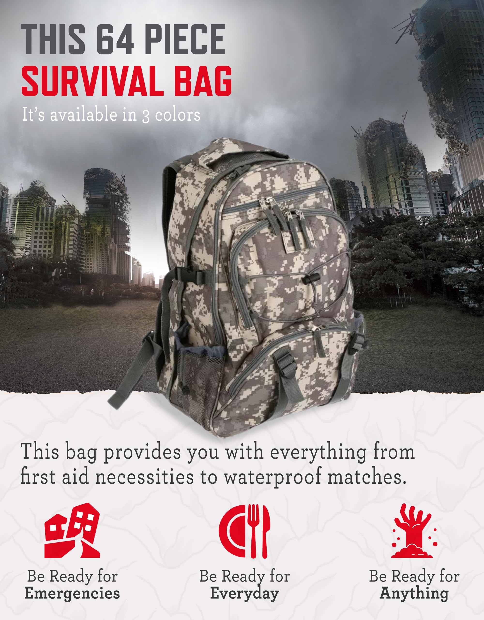 ReadyWise sixty-four-piece survival kit neatly arranged for long-term preparedness.