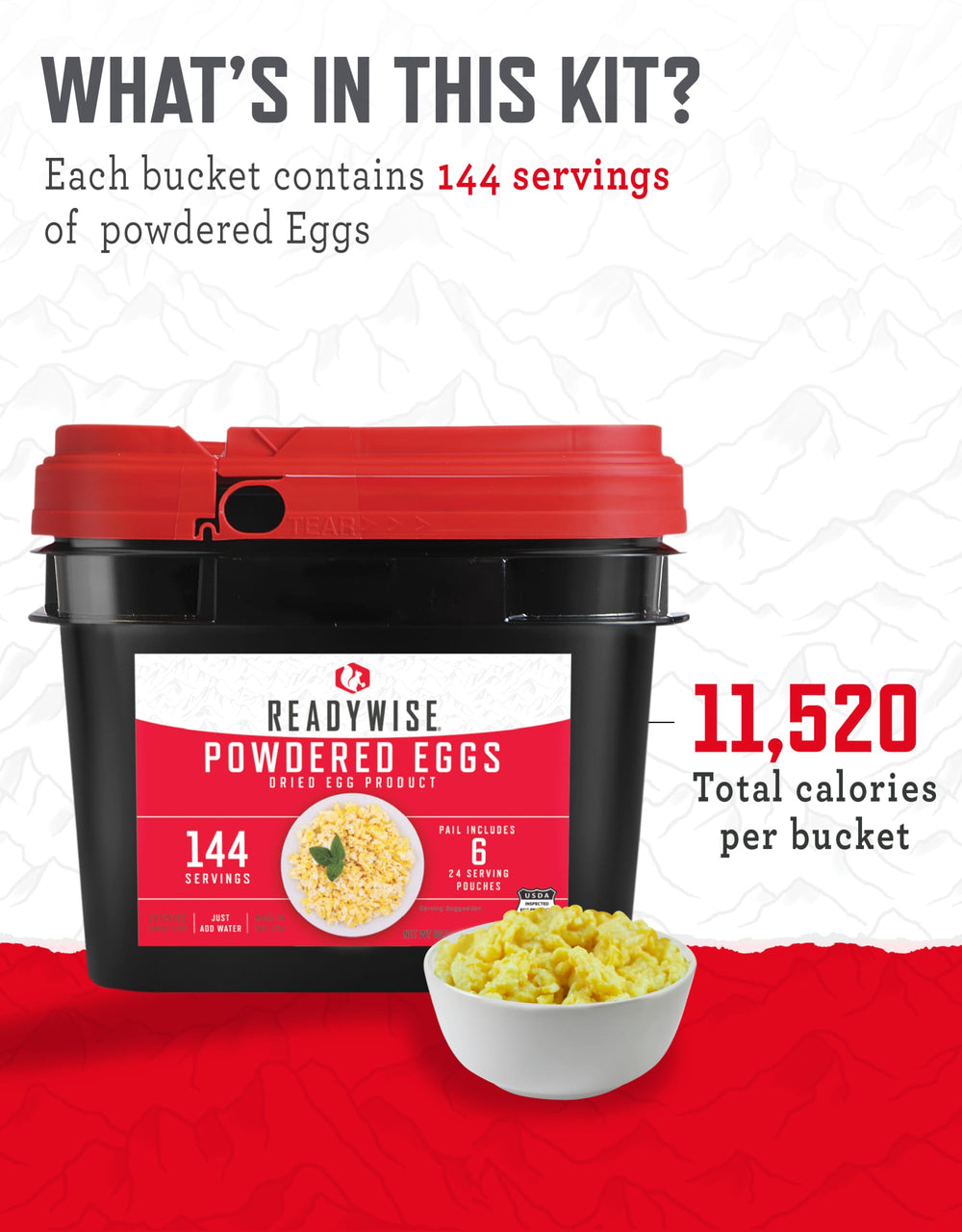 ReadyWise stackable bucket design keeps emergency food organized and space-efficient.
