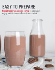 ReadyWise whey chocolate powder bucket closeup label highlights servings and shelf life.