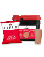ReadyWise whey chocolate powder bucket front for camping emergency nutrition.
