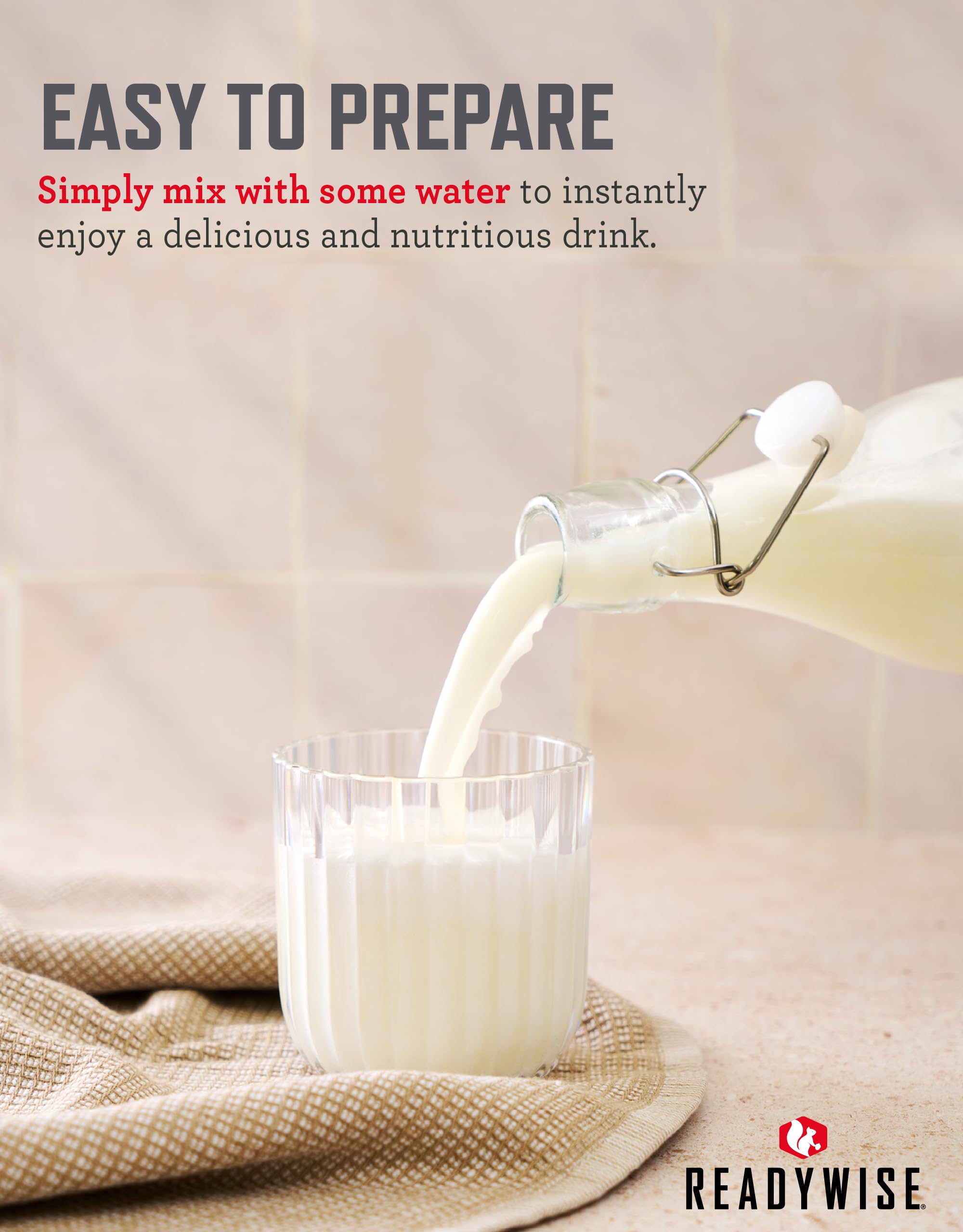 ReadyWise whey powdered milk pour showing a 2-tablespoon portion for quick hydration on camping trips.