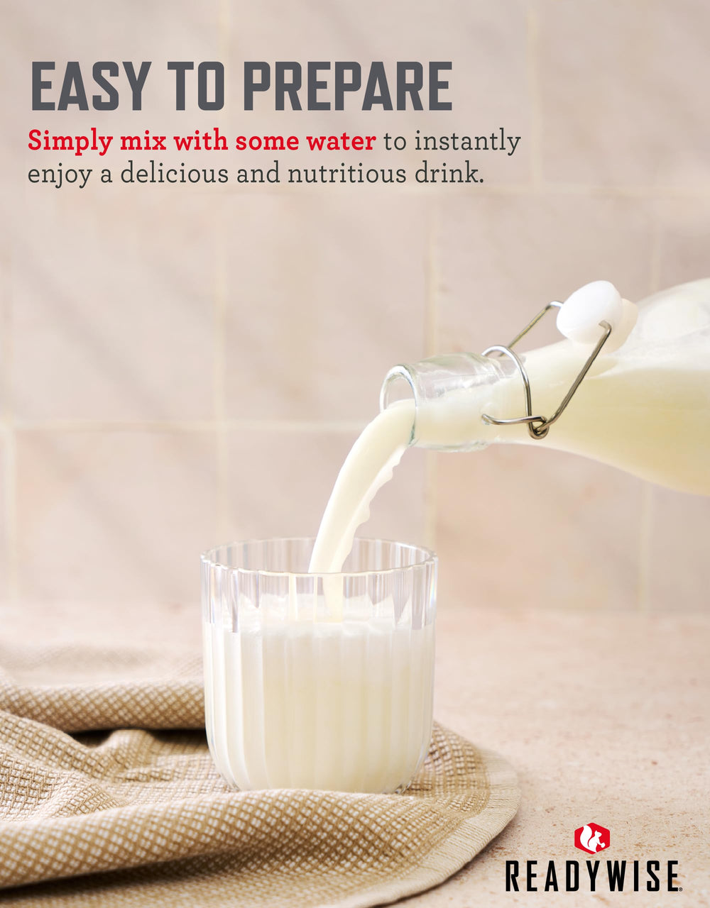 ReadyWise whey powdered milk pour showing a 2-tablespoon portion for quick hydration on camping trips.
