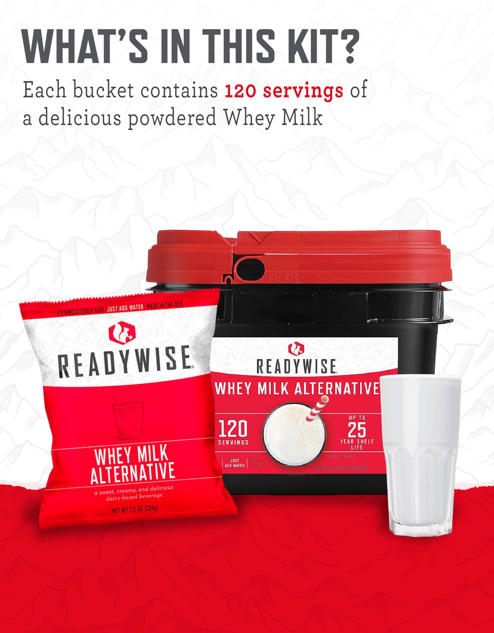 ReadyWise whey powdered milk with 25-year shelf life in sturdy bucket.